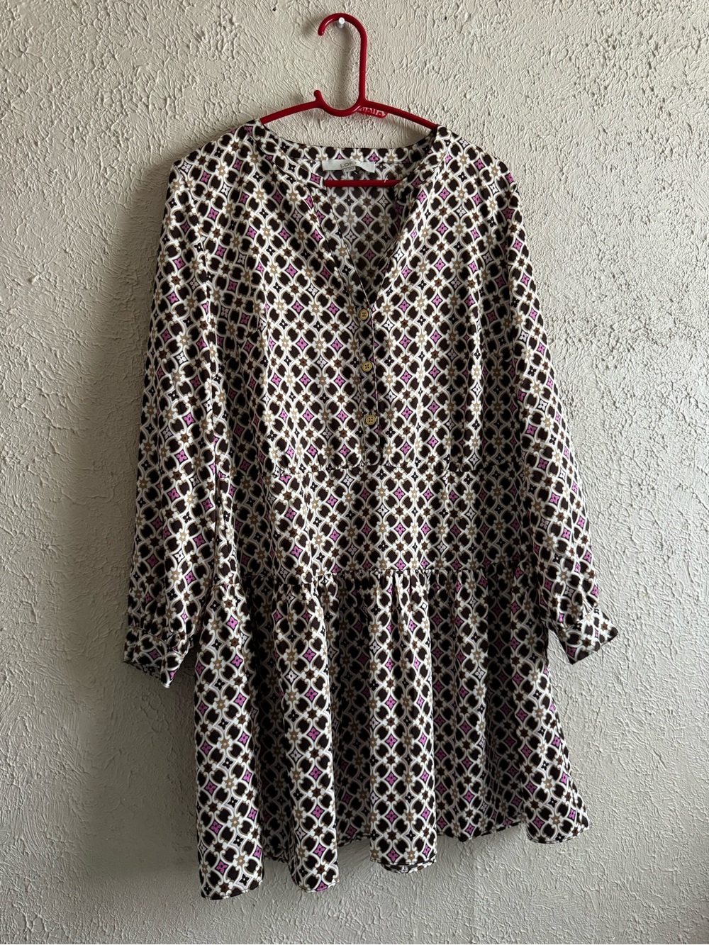 LOFT Cream and Purple Geometric Tiered Long-Sleeve Dress
